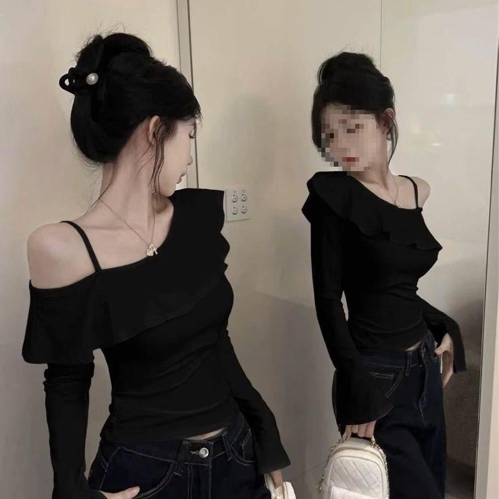 Ladies Off Shoulder T Shirt With Ruffle Hem And Asymmetric Design For Spring 2025