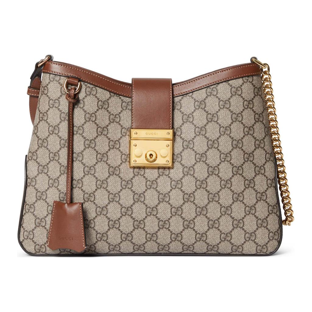 Gucci Padlock Lock Closure Chain Strap Canvas And Leather Trimmed Tote Shoulder Bag Women handbags Beige Ebony 795113-KHNKG-8534