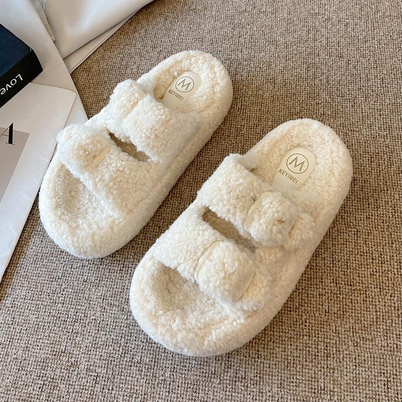 

6078 Lamb wool slippers women s outer wear ins tide 2025 autumn and winter thick bottom height increase one-word cotton slippers women 40 бежевый