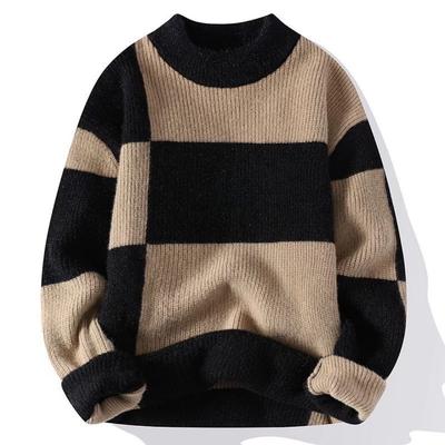 Color Block Sweater Men Crew Neck Autumn Winter New Arrival Casual Simple Thickened Knitted Top Warm Loose Pullover