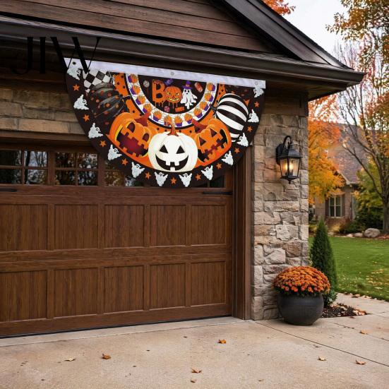 Reusable Holiday Porch Sign Halloween Semi Circle Bunting Banner, Pumpkin Bat Yard Decor, Decorative Fan Shaped Flags Spooky Festive Hanging Flag for