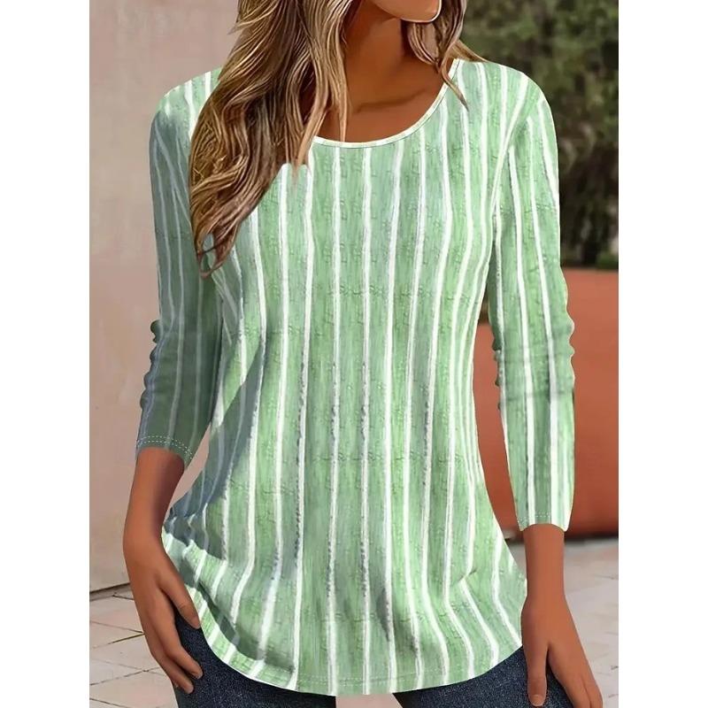 Easter Women's T shirt Crew Neck Long Sleeve Tunic Graphic Striped Plants Vintage Stylish Classic  Round Neck Regular Tops
