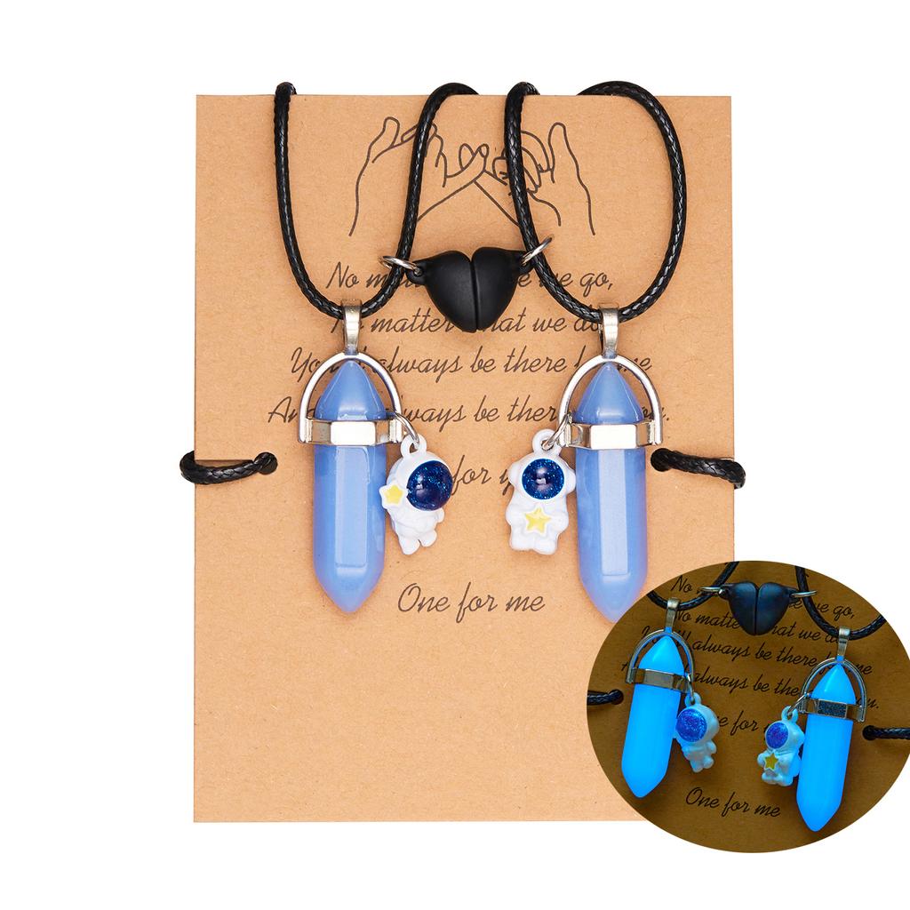 2PCS Luminous Hexagonal Column Couple Necklace for Women Men Astronaut Magnetic Heart Natural Stone Choker Lover Charm Jewelry