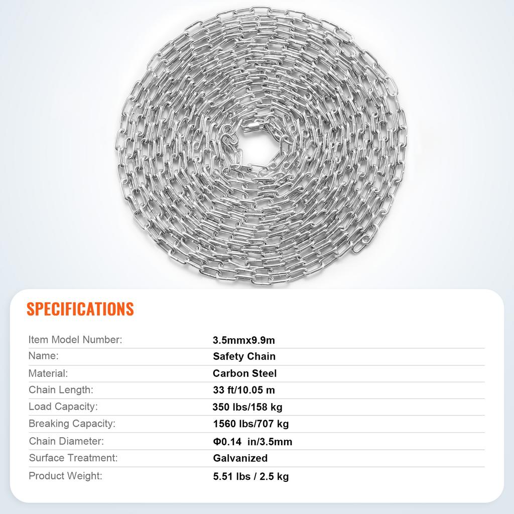 SucceBuy 33ft Proof Coil Chain 1/8" 350 lbs Zinc Plated Safety Chain with Galvanized Carbon Steel Link Chain for Towing