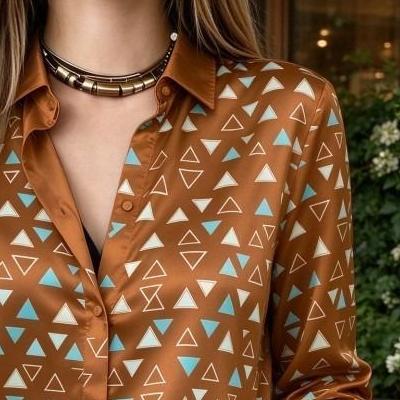 Brown Geometric Print Long Sleeved Lapel Shirt Women's Clothing Modern Elegance Casual Fashion Versatile Style Shirt