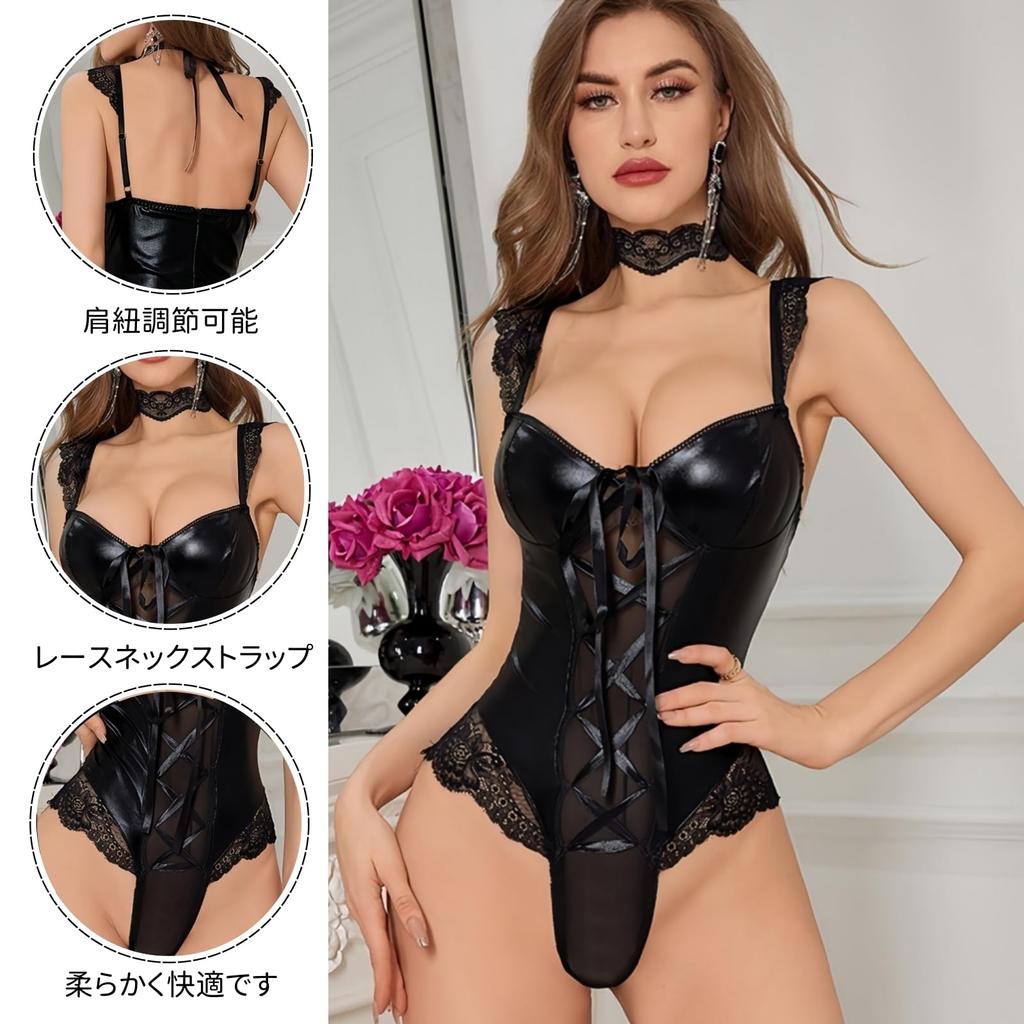 PU Floral Seductive Slimming Size L [WinsGreat] Women's Bodysuit, Leather, Lace, Print, High-Cut Leotard, Camisole, V-Neck, Sleeveless, Sexy,
