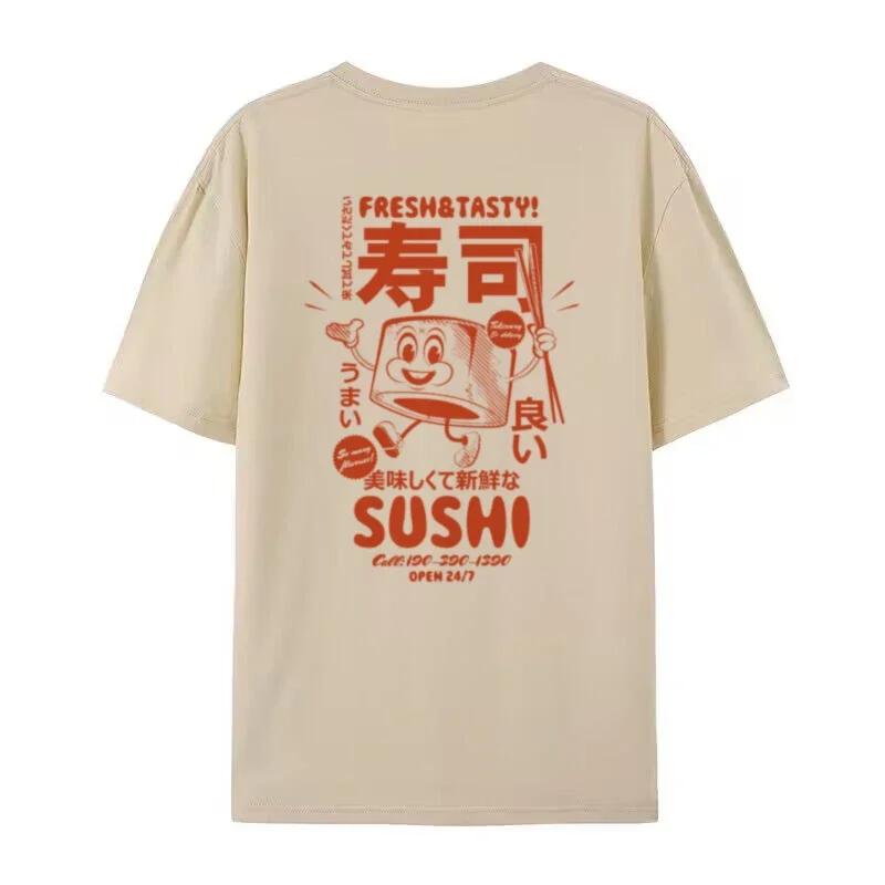 Retro Sushi Back Print Japanese Food TShirts Women Cute Funny Graphic Tees Oversized Streetwear Clothes Unisex Fashion Top Gift