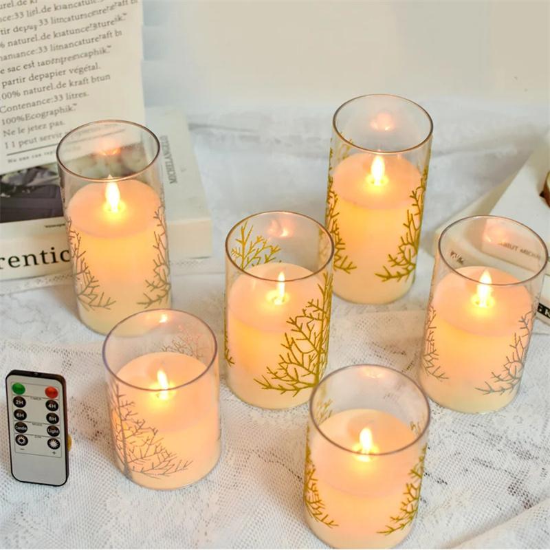 3er-Pack Acryl-LED-Kerzen mit Aufkleber von Ästen und Kiefern, Elektronische Kerzen mit Fernbedienung für Partyartikel-Dekoration