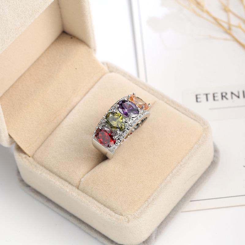 Classic Geometric Silver Color Stackable Round Multicolor AAA Zircon Rainbow Rings for Women Best Lover Gift