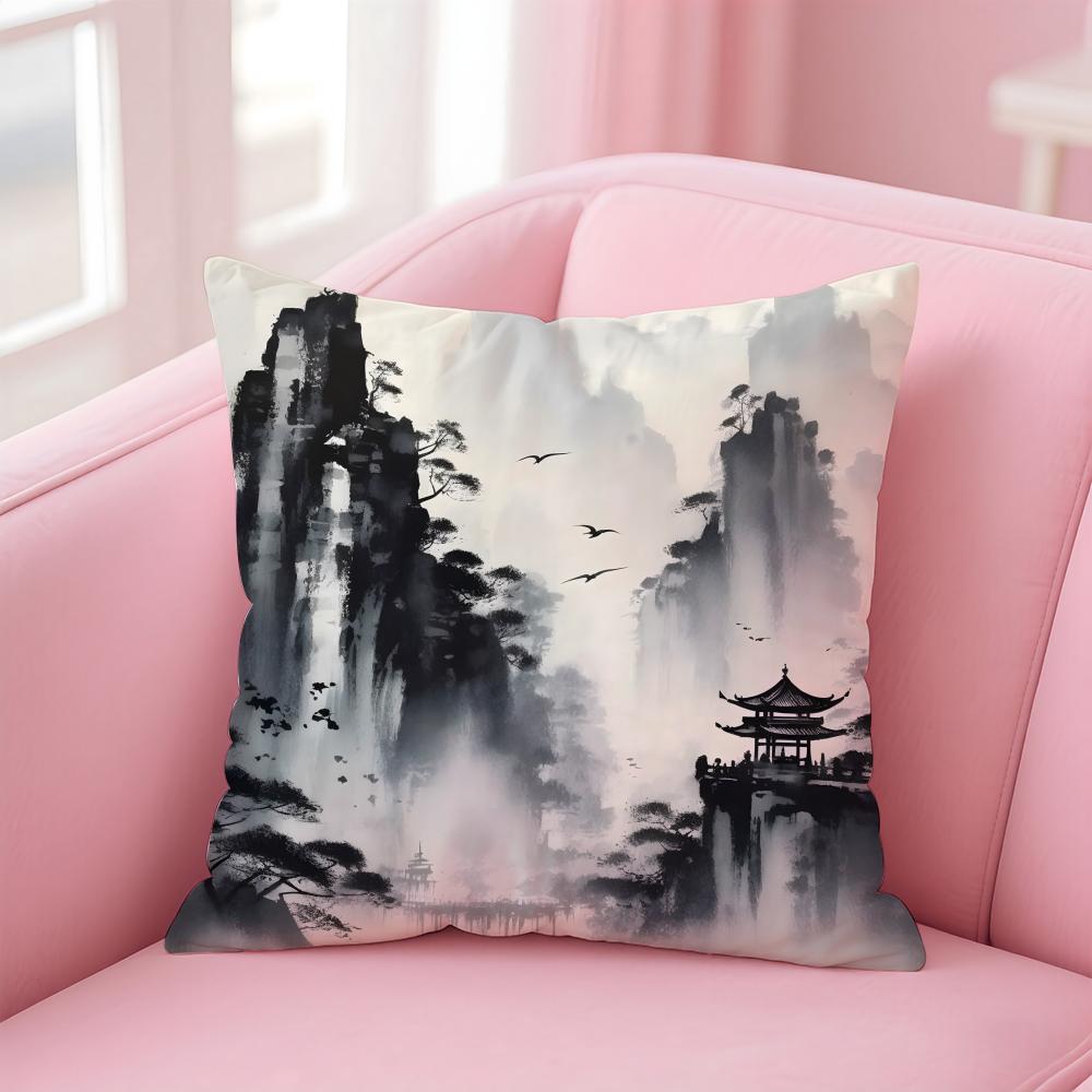 

Chinese Ink Painting Style Cushion Cover Premium Comfort Reversible Pillow Cove -Two in One Design for Any Room & Car Interior 30cmx30cm