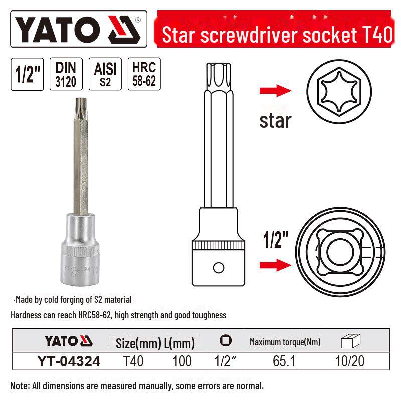 YATO 1/2" Star Screwdriver Socket Set, Chrome Vanadium Steel, S2 Head
