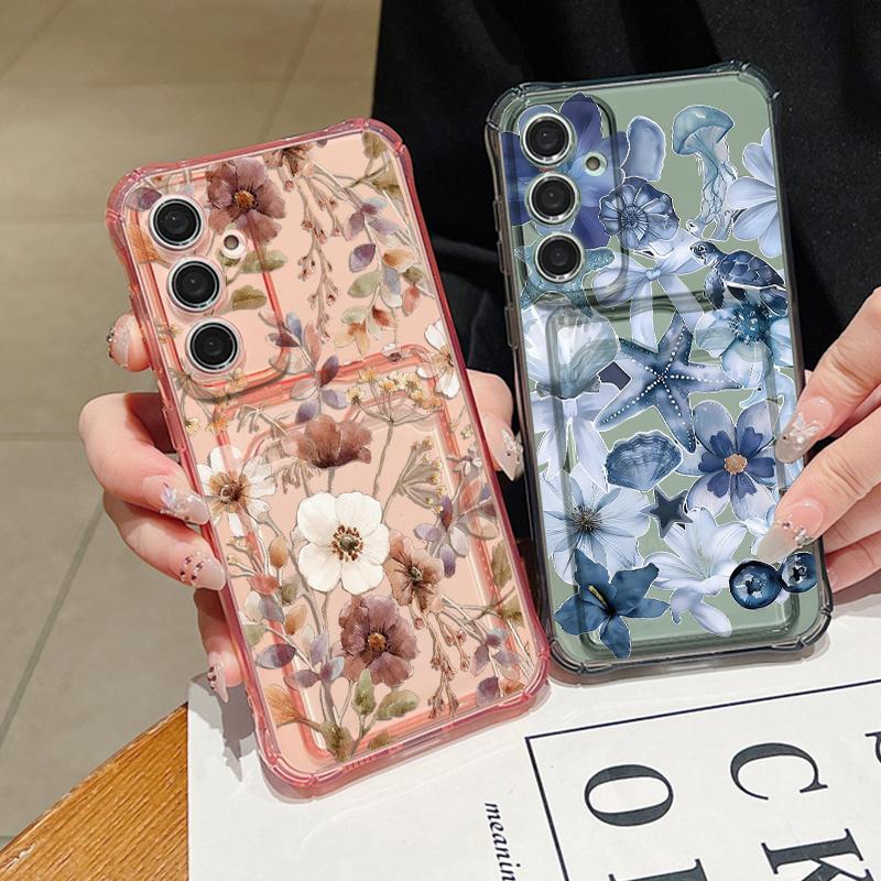 Transparent Flowers Pattern Phone Case For Samsung Galaxy S26 S25 S24 S23 S22 Ultra S25 Edge S24 FE Clear Card Bag Wallet Cover