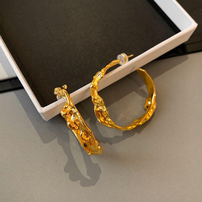 Fashion Ins Lava Texture Asymmetrical Metal Ear Ring Women s Special-Interest Design Exaggerated Earrings Fancy Earrings Large Gold