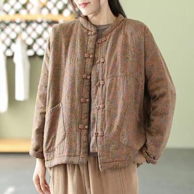 Women Cotton Quilted Coats Women Autumn Winter Vintage Style Floral Print Female Thick Padded Jackets M078