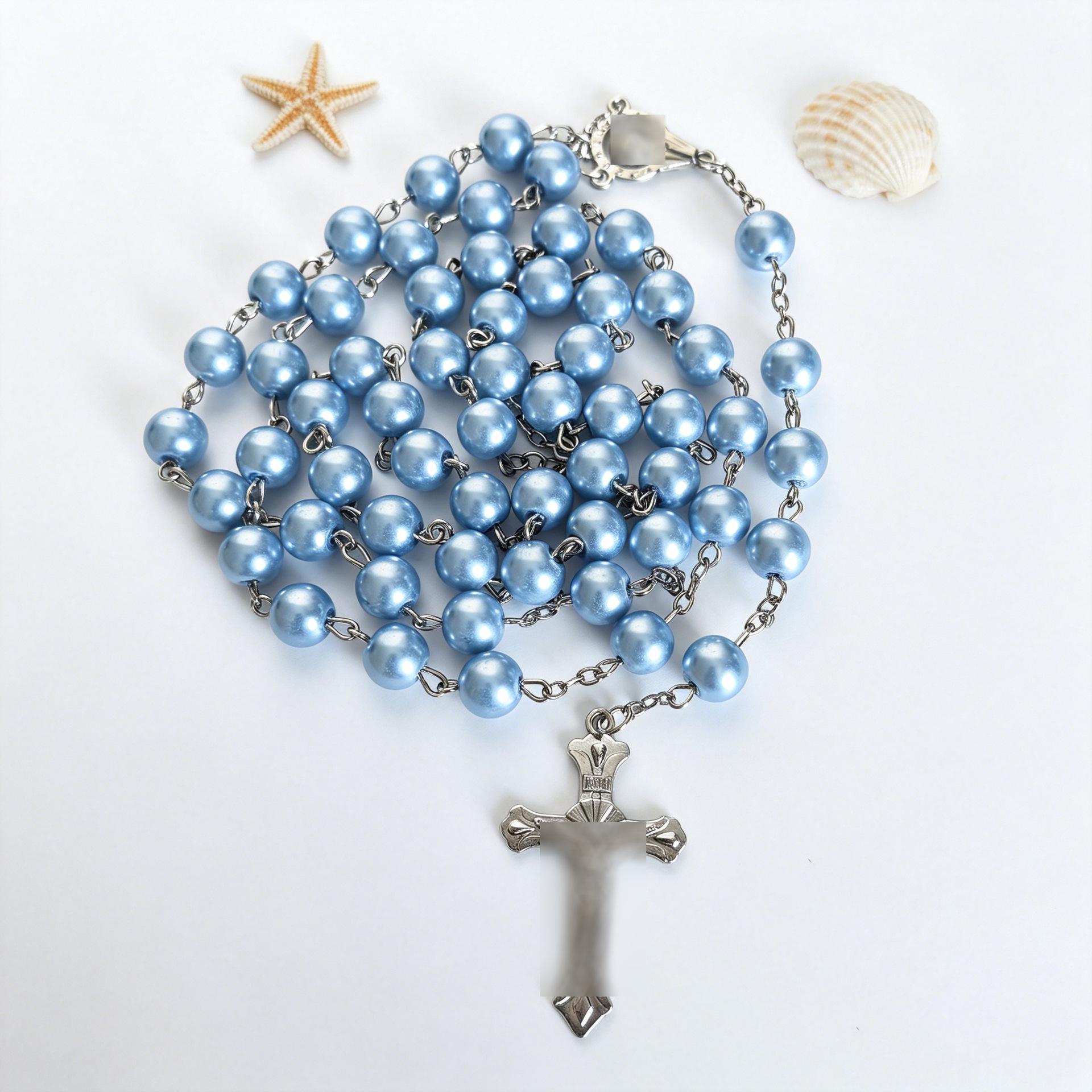 8mm Glass Pearl Cross Pendant Rosary Necklace Electroplated