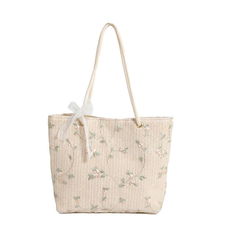 Casual Retro Large Capacity Tote Bag For Summer 2024 Stylish Handheld Design In Khaki And White