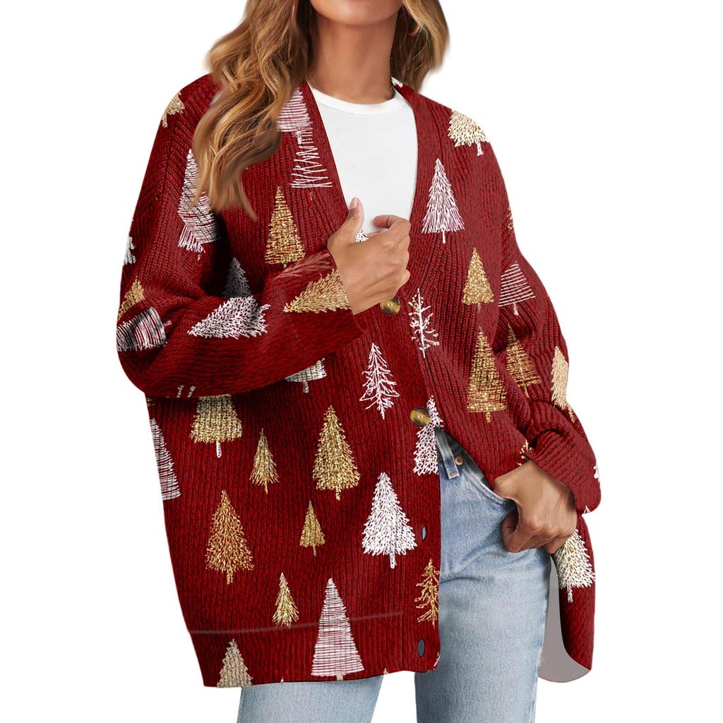 Dámský módní kardigan s dlouhým rukávem, vánočním potiskem, výstřihem do V a knoflíky, volný top