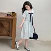Girls' Korean version college style summer dress, new summer children's stylish navy collar bow dress