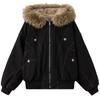 American retro black hooded long-sleeved cotton-padded jacket for women's winter loose fur collar piled thickened jacket green cotton-padded jacket