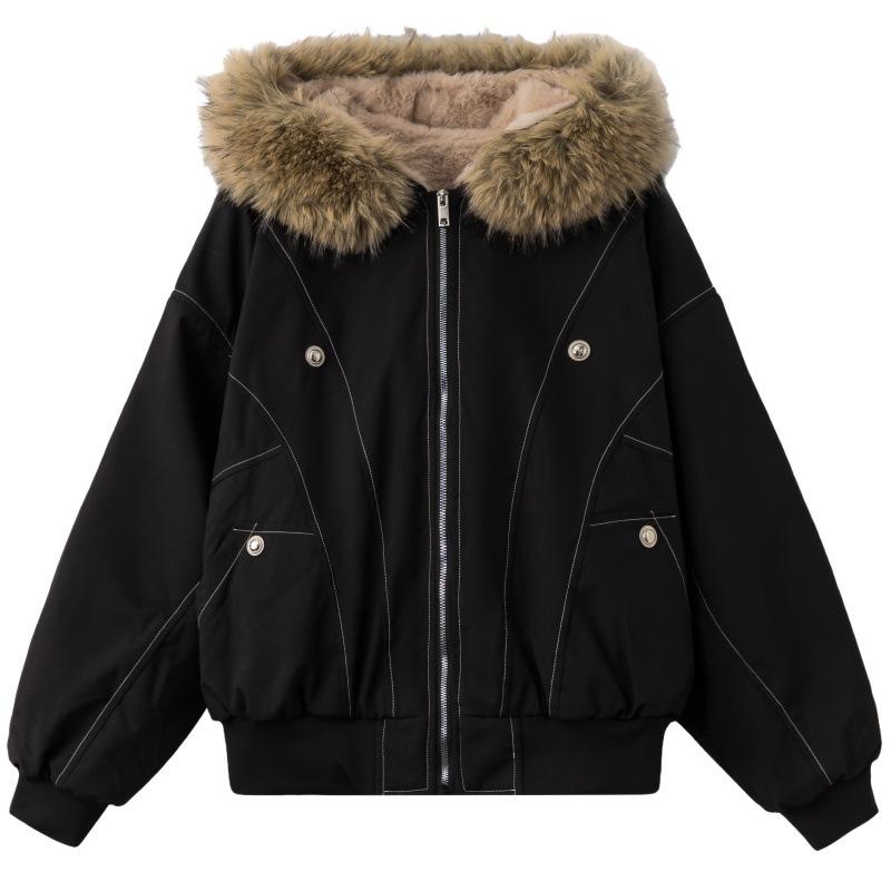 American retro black hooded long-sleeved cotton-padded jacket for women's winter loose fur collar piled thickened jacket green cotton-padded jacket