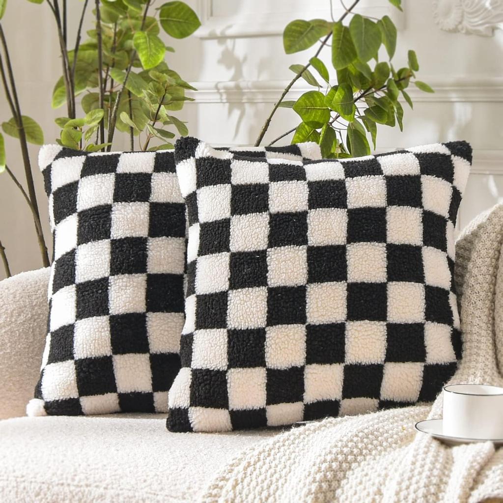 Housse de coussin à damier Kaki Café Housse de coussin de luxe en fausse fourrure Laine Housse de coussin jeté pour canapé Canapé Salon Décoration de la maison