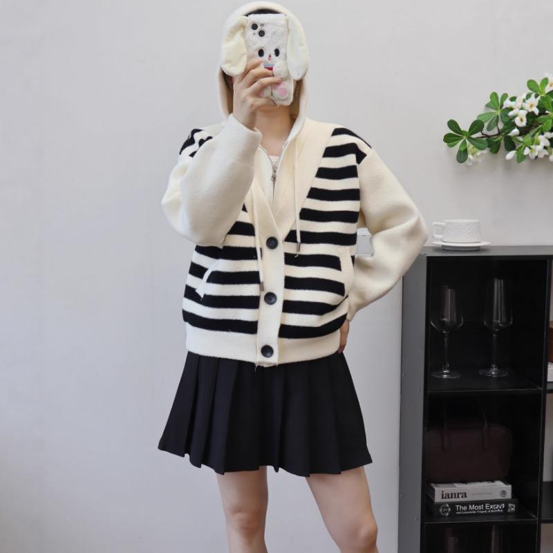 Fake Two-piece Hooded Striped Sweater Jacket Women's Autumn and Winter New Design Loose-knit Double-sided Woolen Cardigan