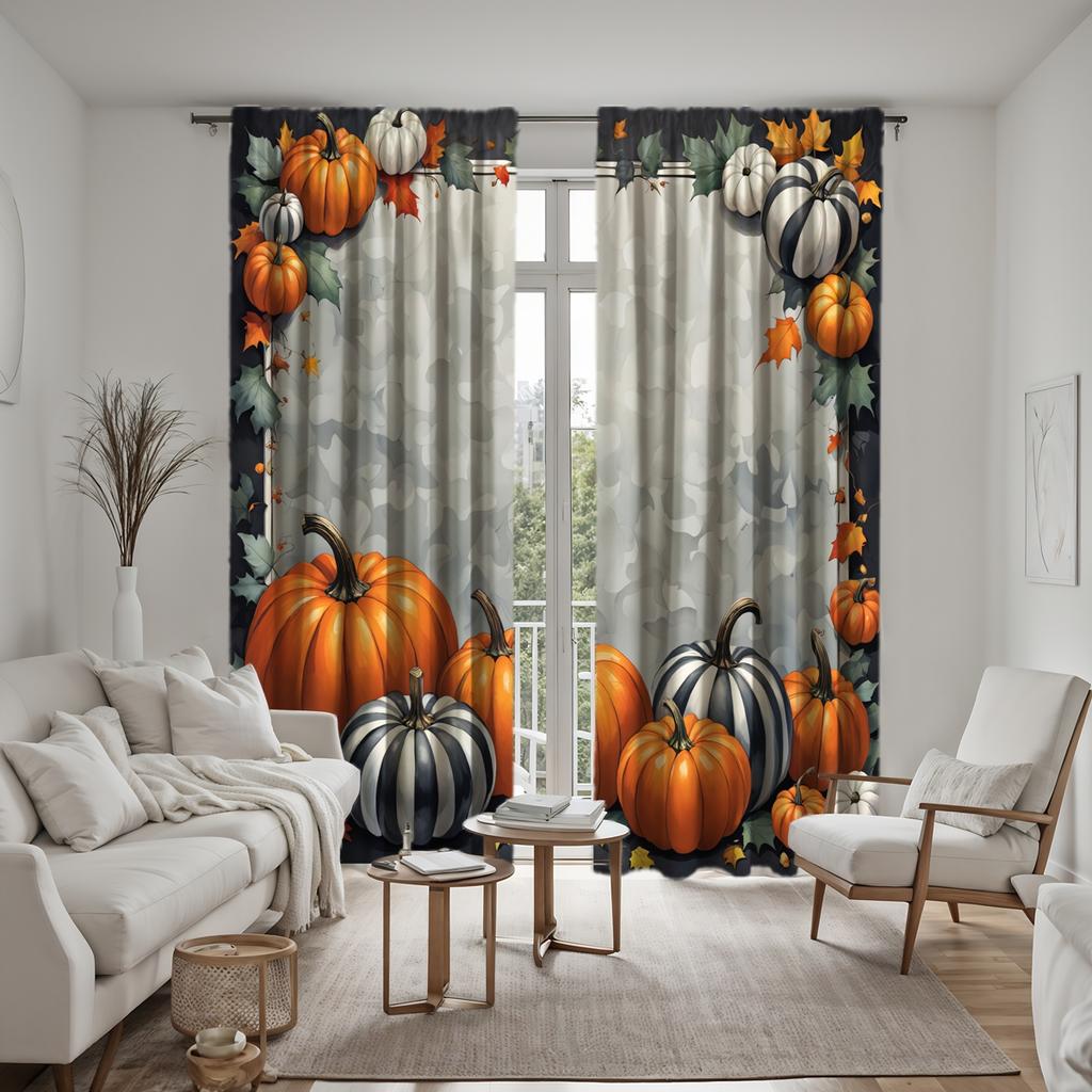 2PCS  HD Digital Curtain Printed Gray Tie Halloween Pumpkin Maple Leaf Home Decor Style Decorate Living Room Bedroom Wear Rod