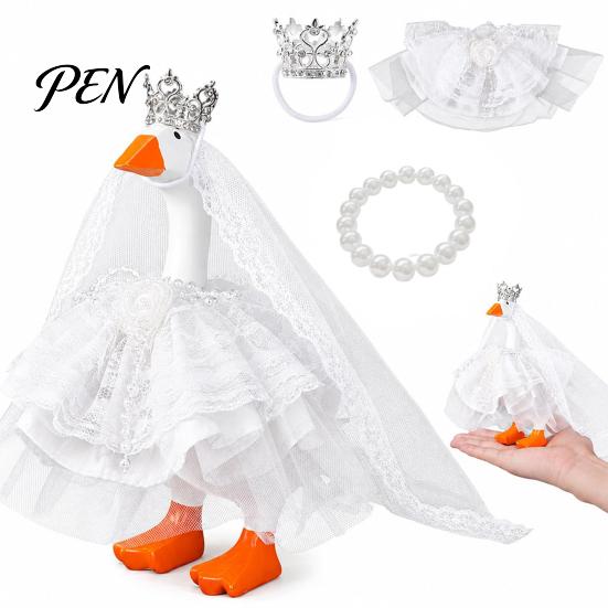 Wedding Dress for Goose Ornament 7 Inch Mini Outfit, Lace Tulle Bridal with Crown, Miniature Veil & Pearl Bracelet, Cute Figurine Costume Tabletop