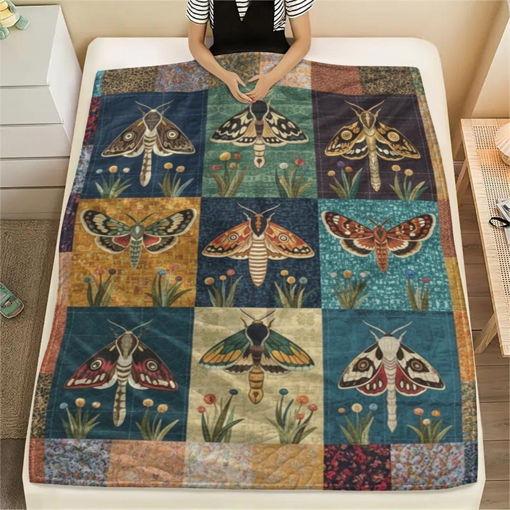 1Pc Patchwork Insect Print Flannel Blanket, High quality Comfortable for All Seasons, Home Decor, Warmth and Comfort, Perfect for Christmas Gifts67