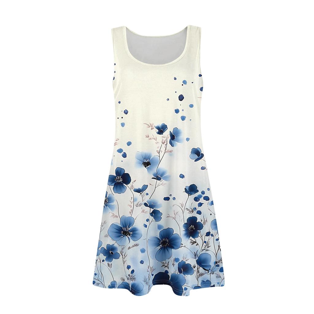 Damen Sommer Casual U-Ausschnitt Blumendruck Kleid Ärmelloses Kleid mit Taschen