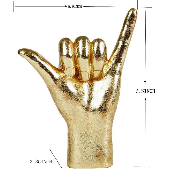 7.8'' Resin Gold Ornament ASL Signal Sculpture, 66" Hand Gesture Decoration Figurine Statue Thanksgiving (JS0367)