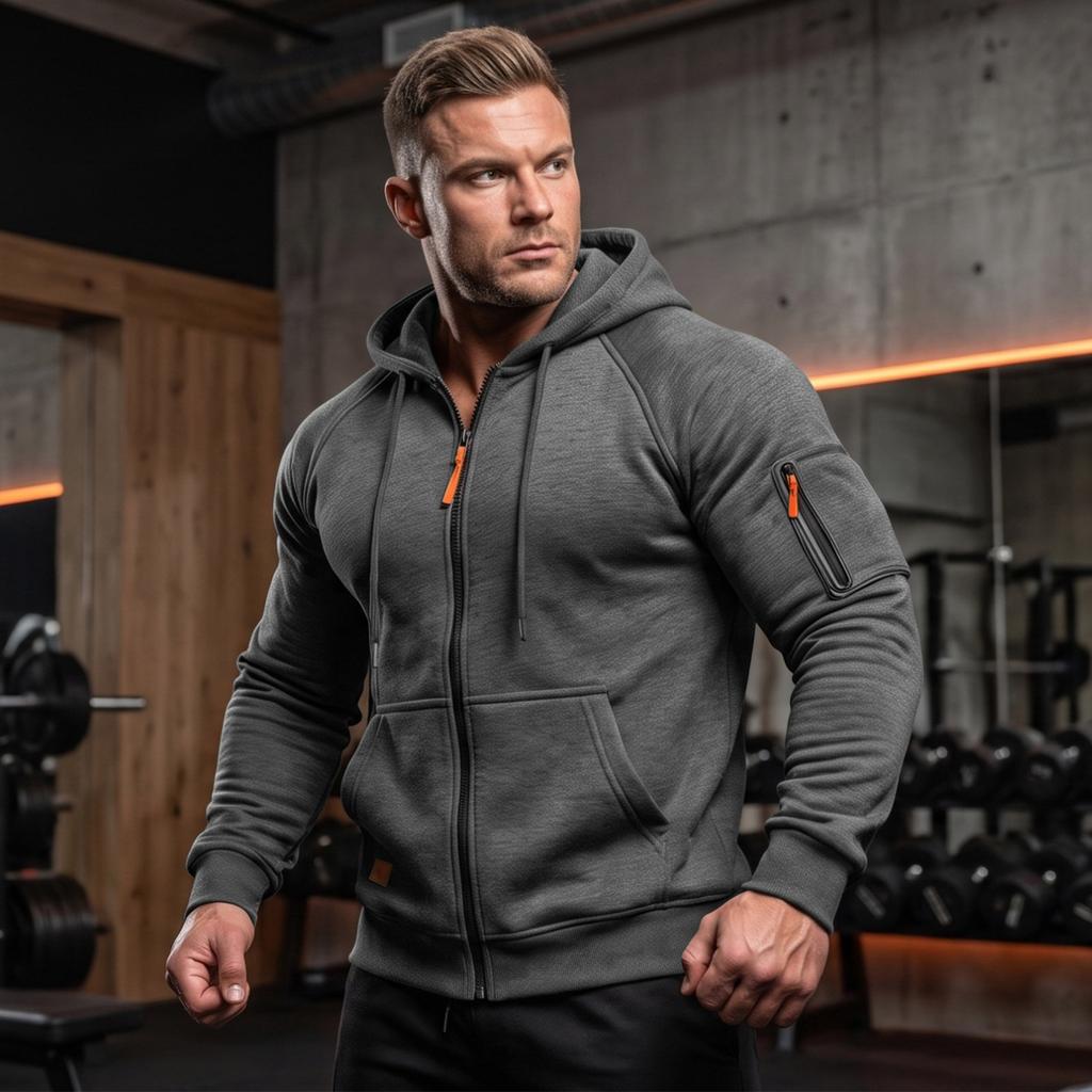 Men's Zip-Up Hoodie Jacket with Multiple Pockets for Outdoor Sports Training
