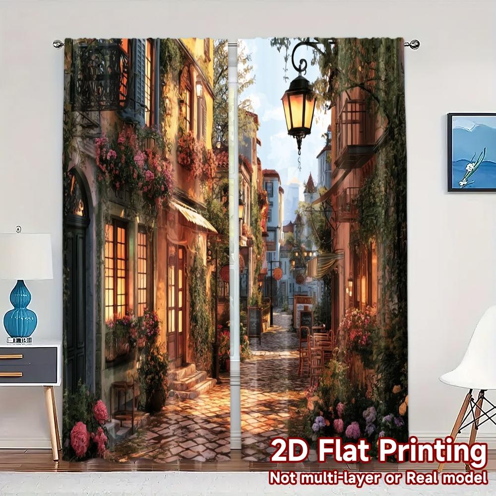 

Set Of 2 Flat Printing Curtains Without Rod Cozy Street Fashionable Yarn Holiday Ldeal Digital Modern Made Polyester W100*H70(CM)-Grommet top&2PCS