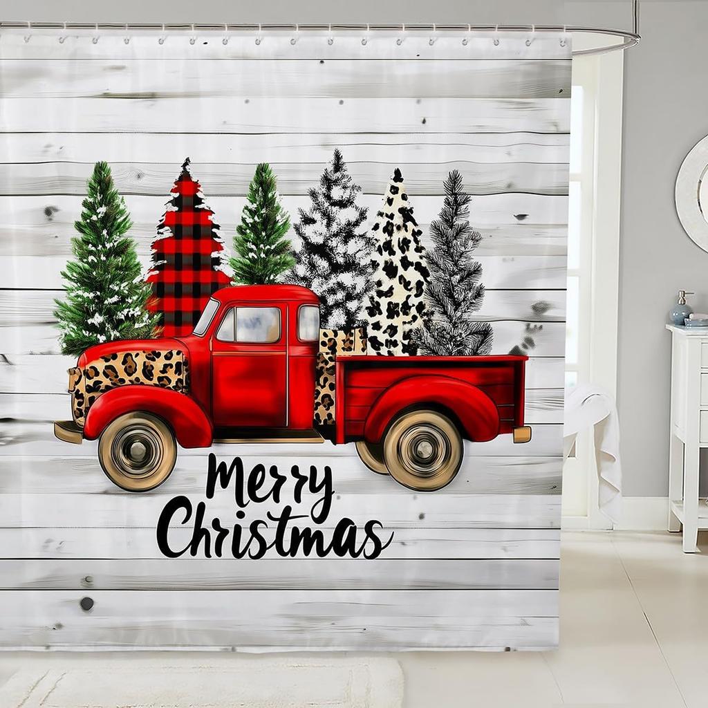 Christmas Happy Santa Claus Shower Curtain Red Xmas Decorations Fabric Shower Curtain,White Snowflake Bathroom Shower Curtain