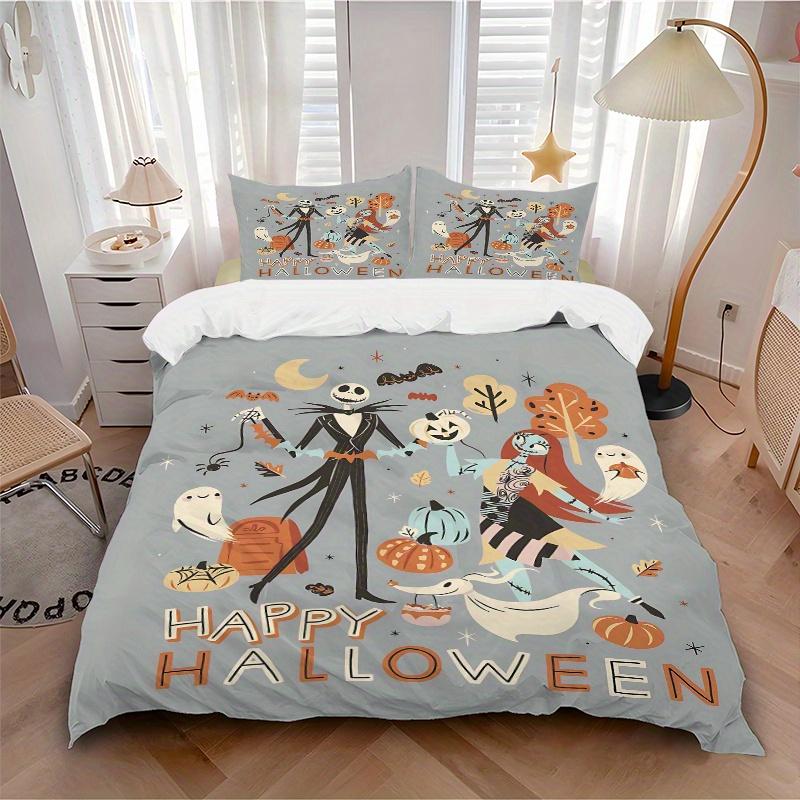 3pcs Happy Halloween Jack & Sally Quilt Set Soft and Comfortable Bedroom, Guest Room and Dorm Decor Bedding Set B041