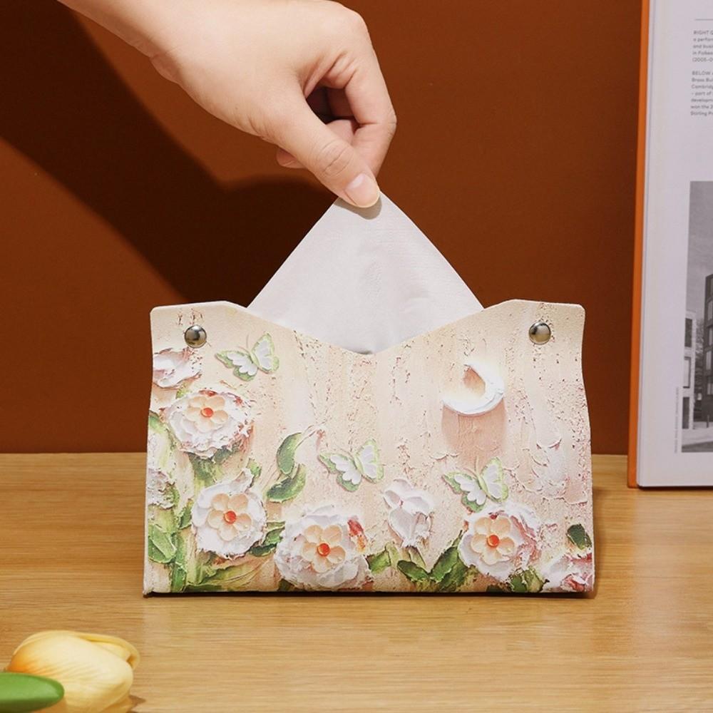 Vintage PU Leather Tissue Box Holder Oil Painting Durable Napkin Container Decorative Car Tissue Box Bathroom