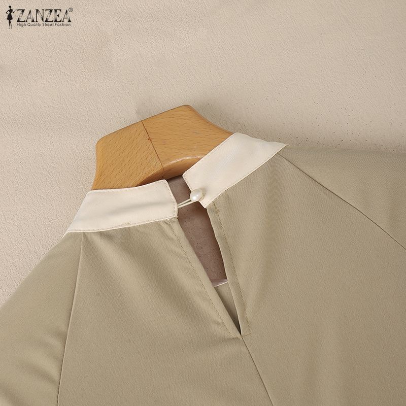 ZANZEA Women Casual Stand Collar Loose Long Sleeve Patchwork Long Dress