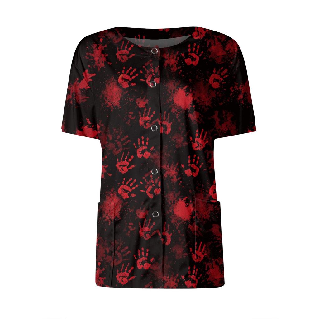 Women's Short Sleeved Patterned Pockets, Work Print Stand Up Collar, Single Breasted Protective Clothing, Cardigan Jacket, Top