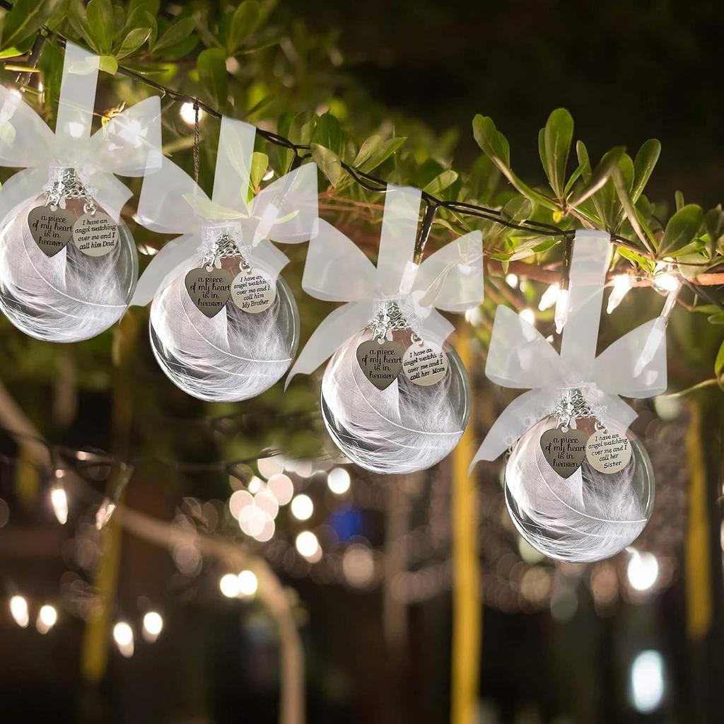 Clear Christmas Memorial Ornament Feather Ball, A Piece of My Heart is in Heaven, Christmas Tree Memorial Hanging Pendant Gift for Mom, Dad, Son,