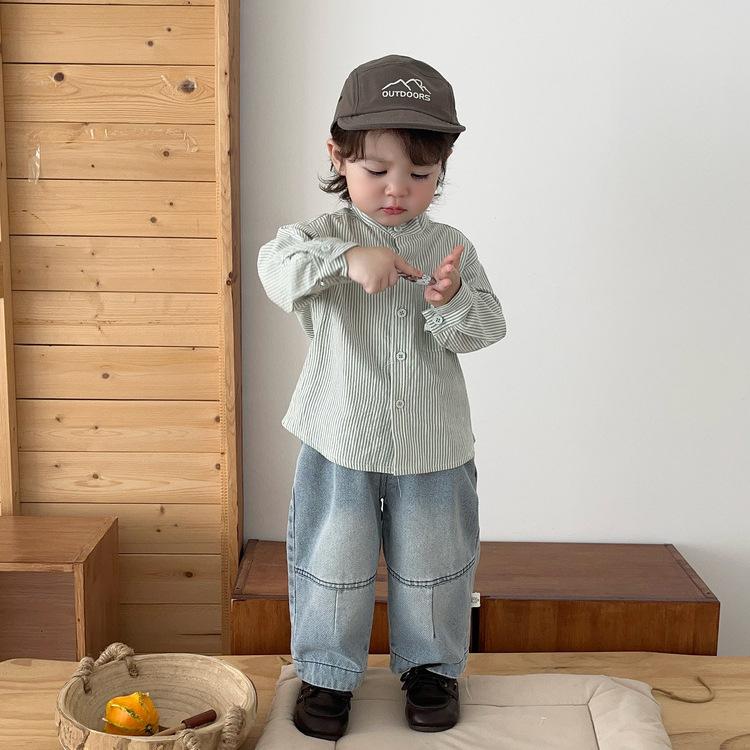 Temperament Baby Autumn Suit Baby Foreign Striped Stand-Up Collar Shirt Loose Straight Jeans Children'S Clothing