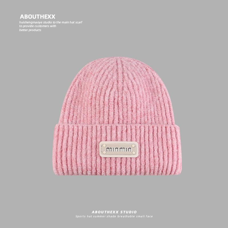 Hat Women's Autumn and Winter Woolen Hat Showing Face Small Warm Ear Protection Cold Hat Rubber Label Letter Knitted Hat Student Pullover Hat for Men