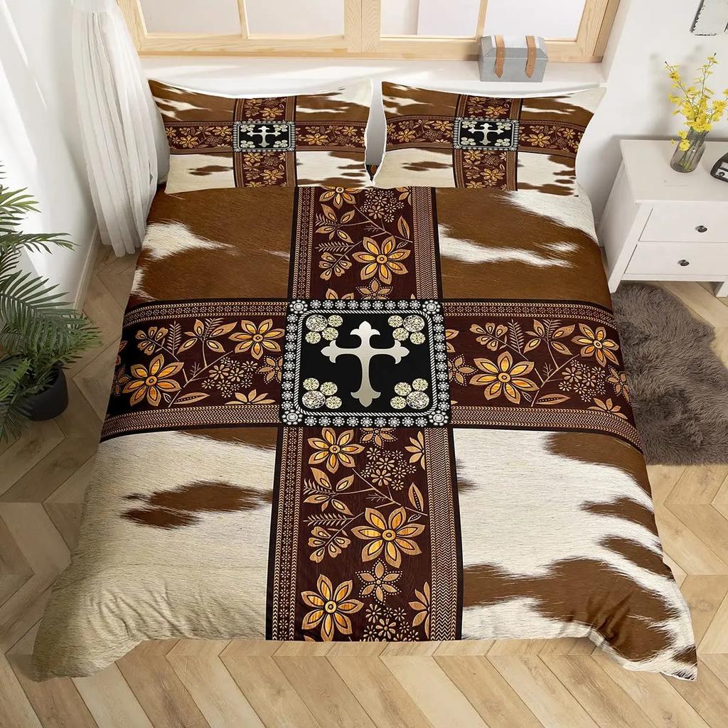 Cow Print Duvet Cover Queen Vintage Floral Bedding Set For Girls Boys Men Western Farmhouse Animal Bull Cattle Skin Quilt Cover