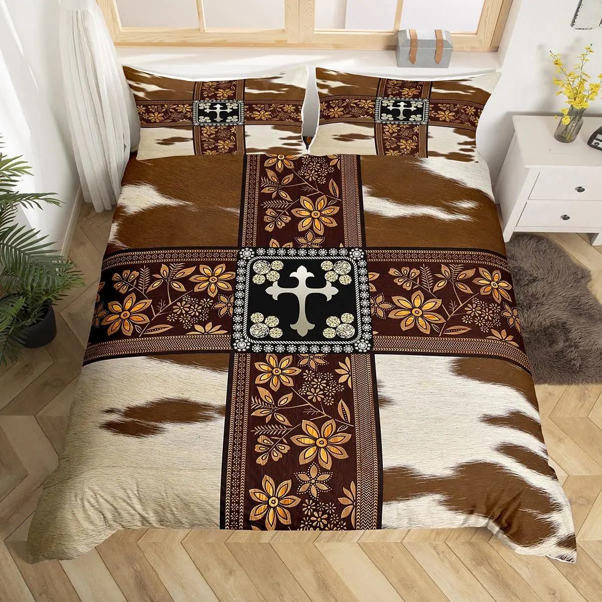 

Cow Print Pattern Bedspread Cover Queen Dimension Vintage Floral Bed Ensemble For Girls Boys Men Western Farmhouse Animal Bull Cattle Skin Quilt Cover EU single(135x200cm)