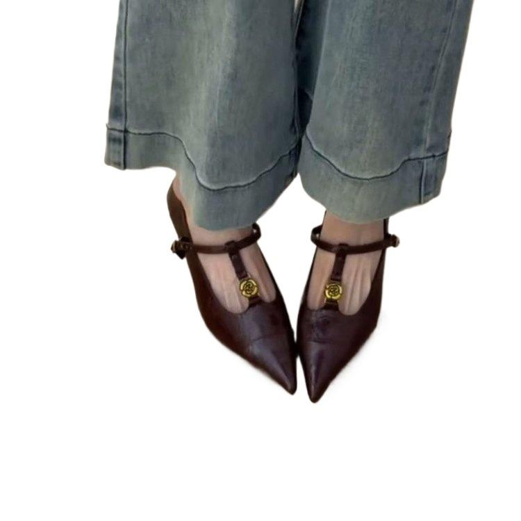 French Low-heeled Pointed Single Shoes for Women's 2025 Spring New Soft Leather Flats with One-word Strap Skirt Mary Jane