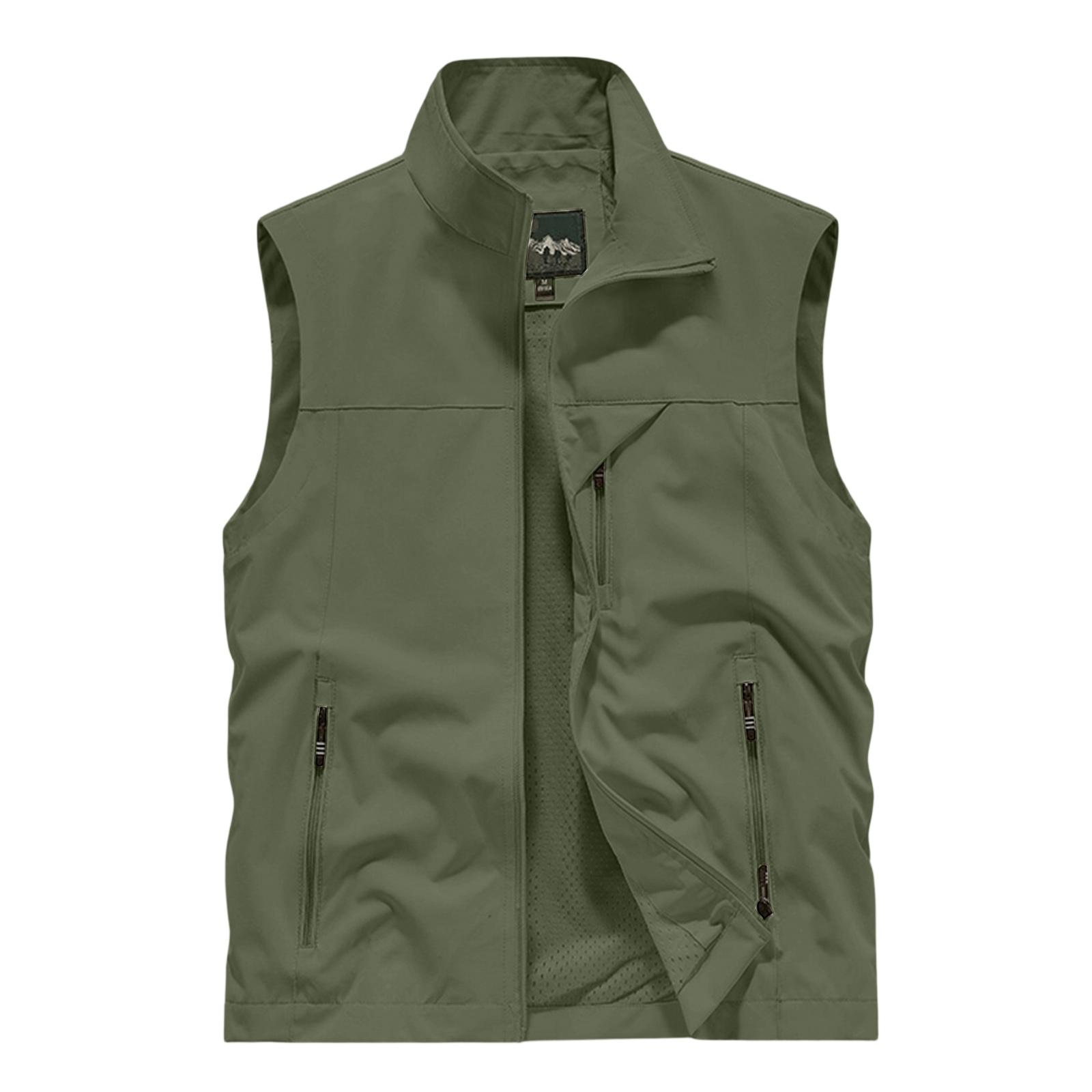 

Men s Summer Multi-Functional Pocket Fishing And Hiking Vest: Lightweight Sleeveless Stand-Up Collar Jacket L армия зеленый