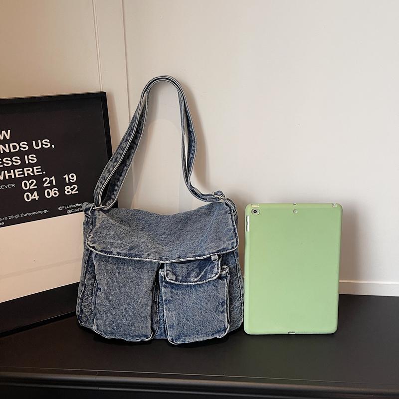 Multi-Pocket Denim Bag Large Capacity Retro Commuter Shoulder Bag
