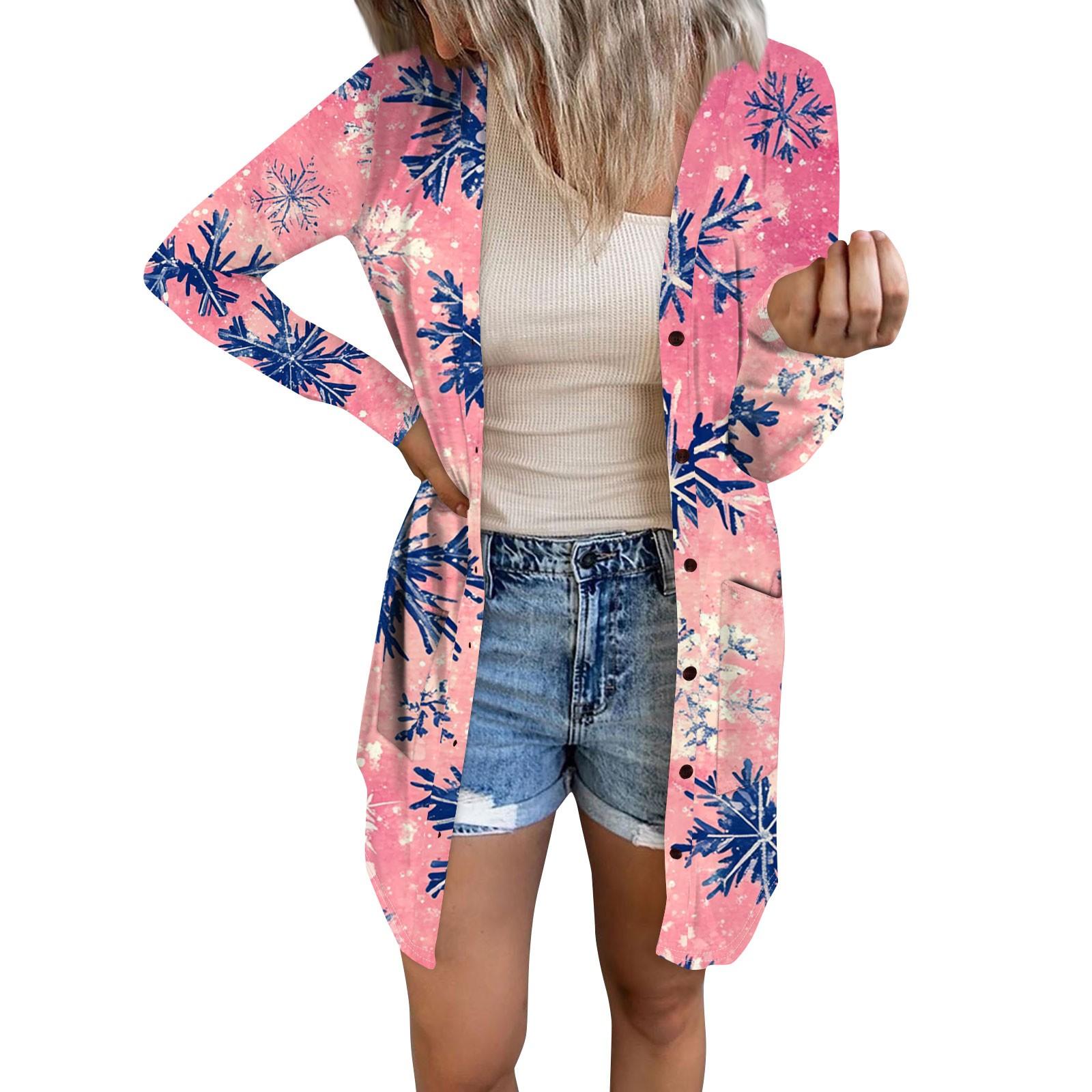 

Женский повседневный кардиган с длинным рукавом и рождественским принтом с карманами XXXXXL розовый