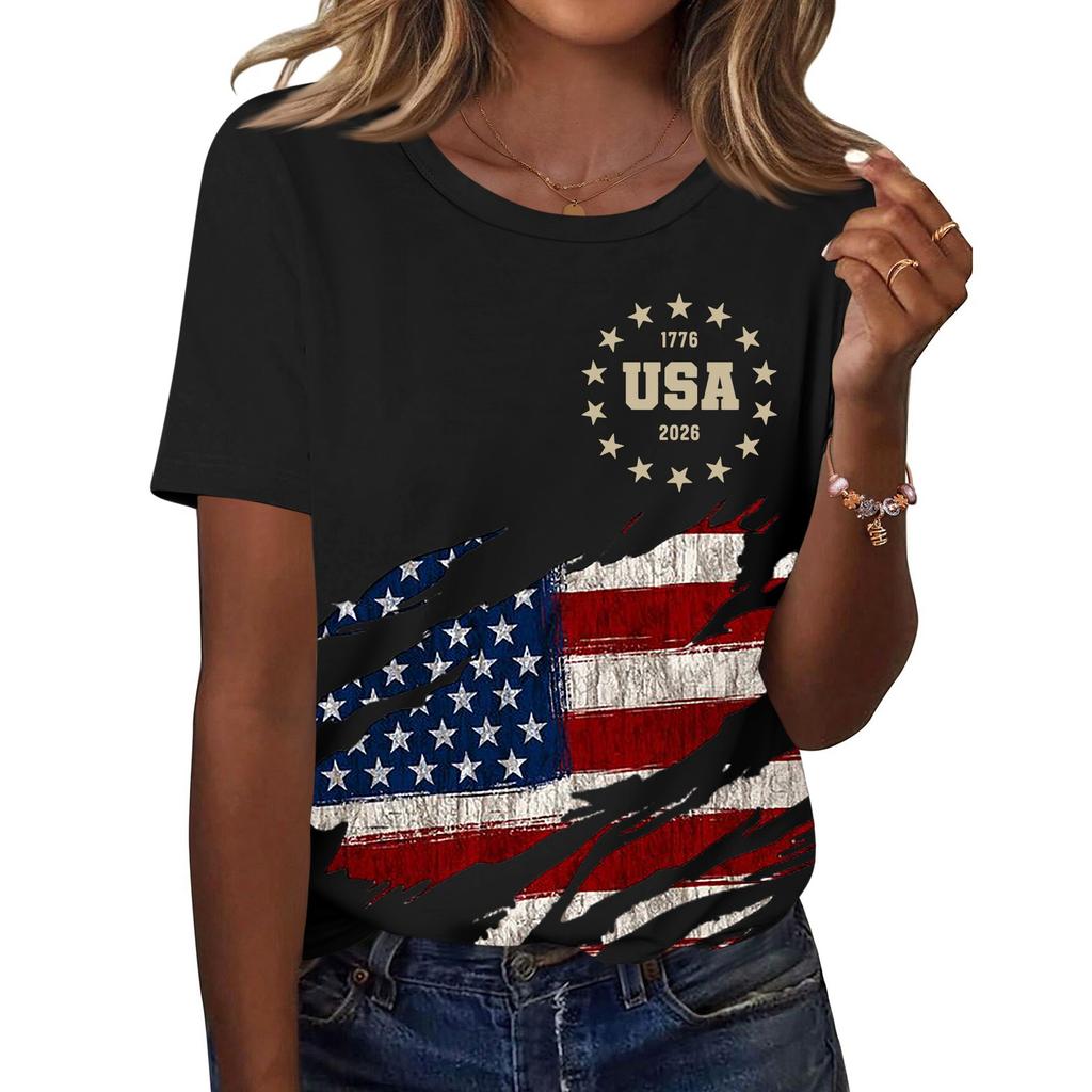 Damski modny, swobodny, krótki rękaw, nadruk, okrągły dekolt, bluzka typu pullover