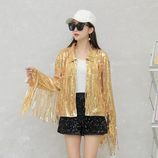 Lapel Long Sleeve Open Stitch Short Type Women Coat Shiny Sequins Tassel Stage
