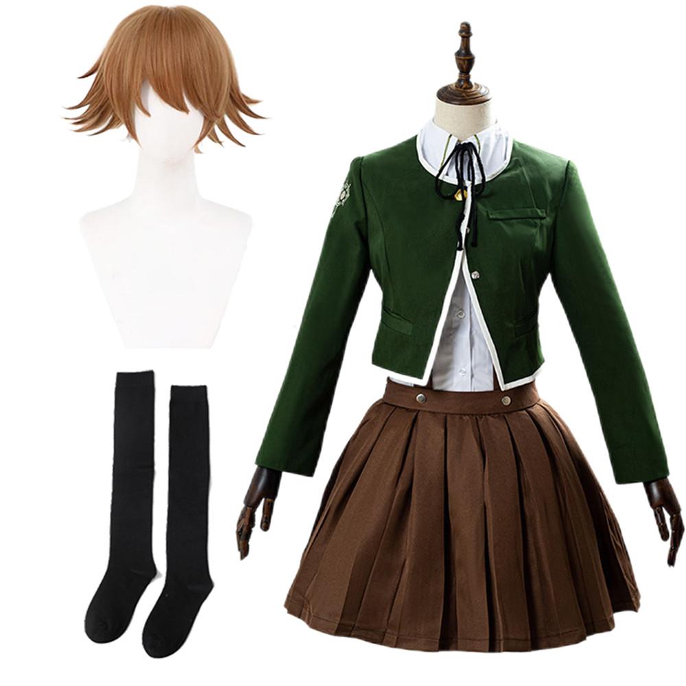 Danganronpa Chihiro Fujisaki Cosplay Kostým JK Uniforma Oblek Dlouhý Rukáv Hnědá Skládaná Sukně Set Dámský Halloweenský Kostým Outfit